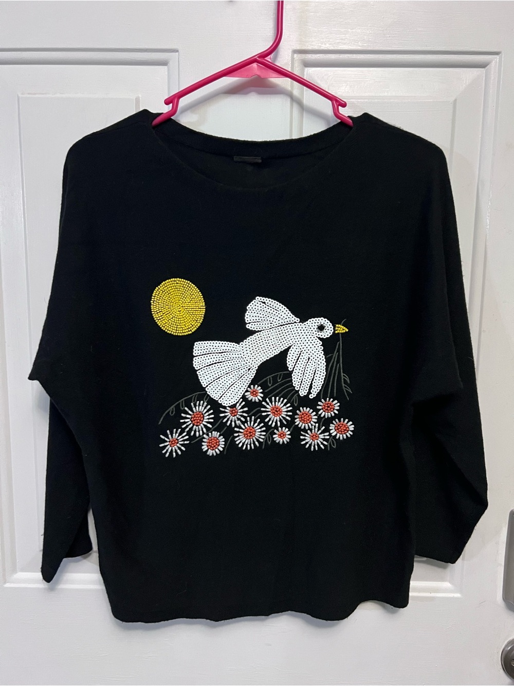 Aaeda Women’s Large Black Beaded Bird Floral Embellished Sweater Soft Knit